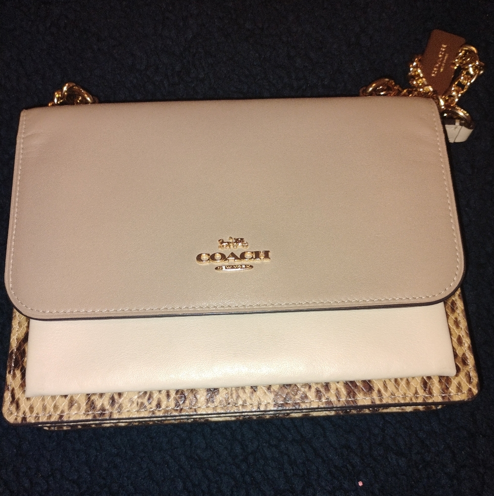 Coach Beige and Snake-Print Crossbody Bag with Gold Hardware
